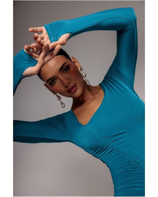 Goddiva Blue Asymmetrical Neck Ruched Midi Dress