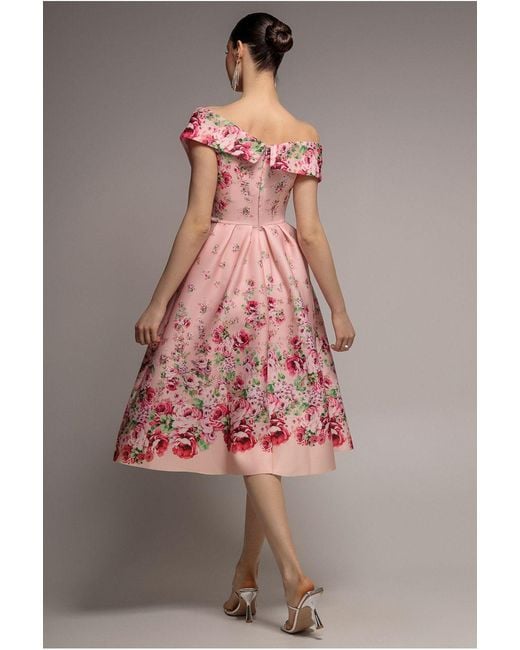 Goddiva Pink Bardot Floral Print A-Line Scuba Foam Midi Dress