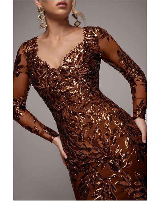 Goddiva Brown Sequin Leaf Long Sleeve Maxi Dress