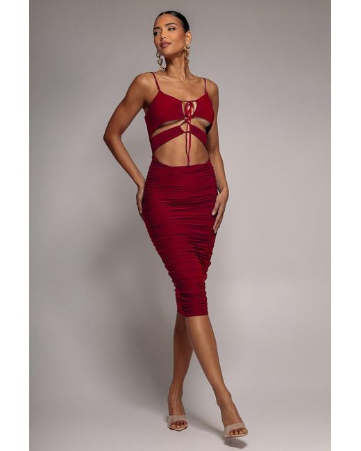 Goddiva Red Cut Out Ruched Midi With Drawstring