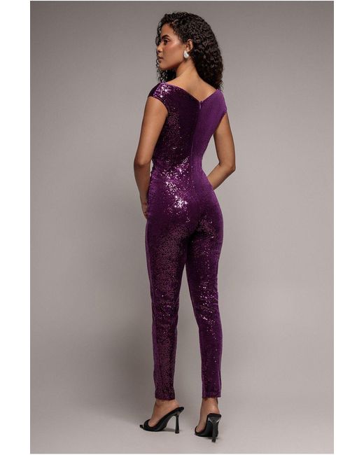 Goddiva Purple Sequin Velvet Bardot Jumpsuit