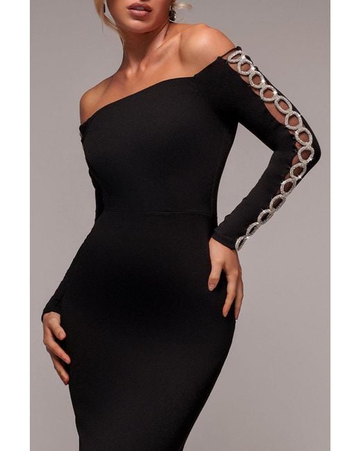 Goddiva Blue Embellished Diamante Sleeve Bardot Maxi Dress