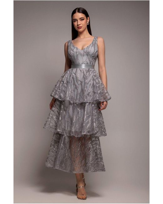 Goddiva Gray Embroidered Mesh Tiered Midi Dress