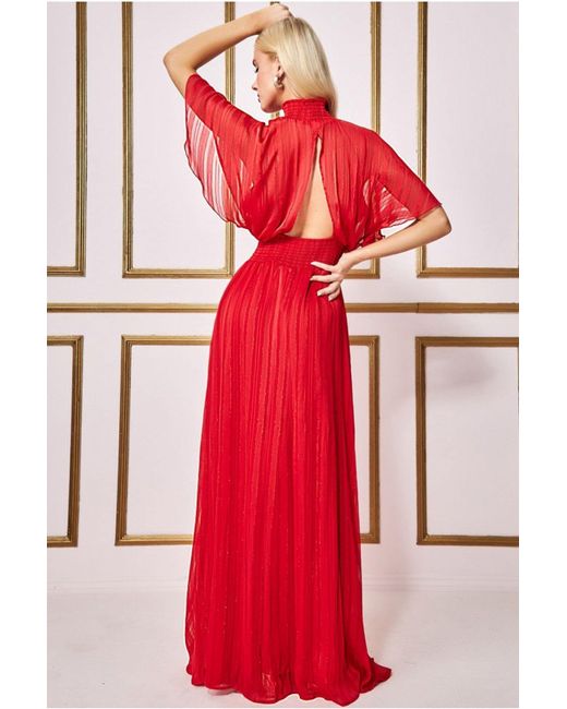 Goddiva Red Keyhole High Neck Flutter Sleeve Maxi