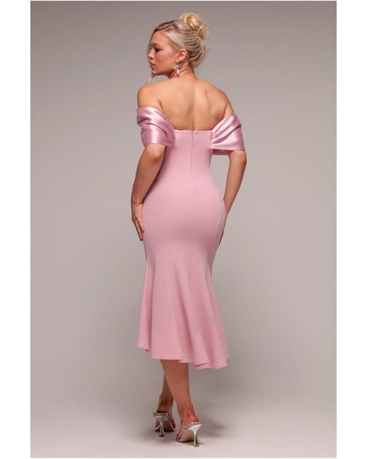 Goddiva Pink Twist Knot Satin & Scuba Bardot High Low Midi Dress