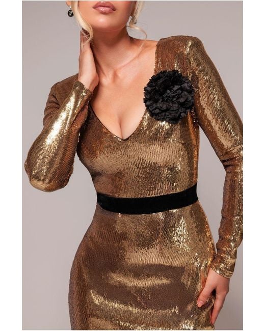 Goddiva Natural Liquid Sequin Midi With Corsage