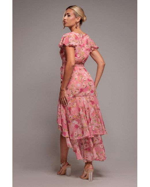 Goddiva Pink Floral Wrap High And Low Midaxi Dress