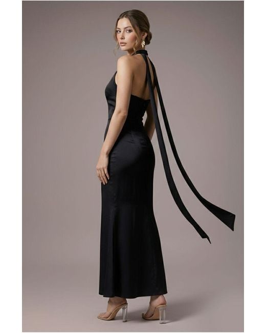 Goddiva Blue Petite Satin Multi-Tie Halterneck Maxi Dress
