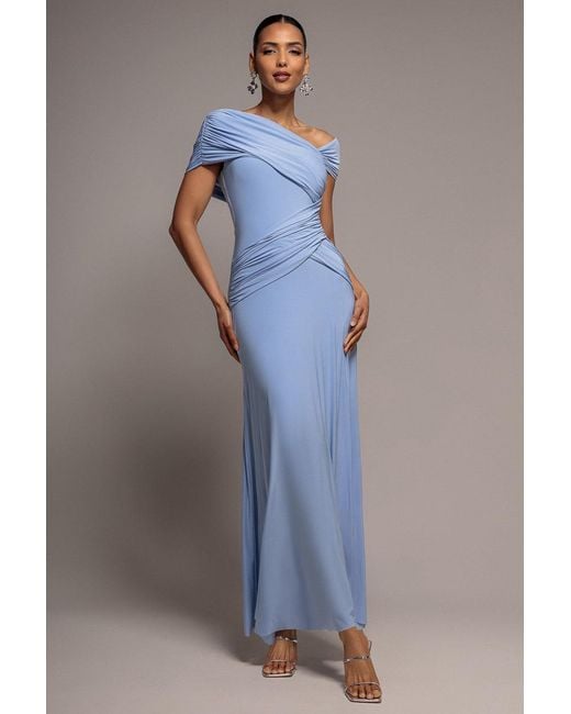 Goddiva Blue Asymmetric Neck Gathered Waist Maxi Dress