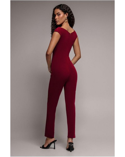 Goddiva Red Scuba Crepe Wrap Bardot Jumpsuit