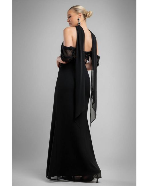 Goddiva Black Scalloped Lace & Chiffon Winged Corset Bodice Maxi Dress