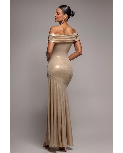 Goddiva Brown Foil Pleated One Shoulder Bardot Fit And Flare Maxi Dress