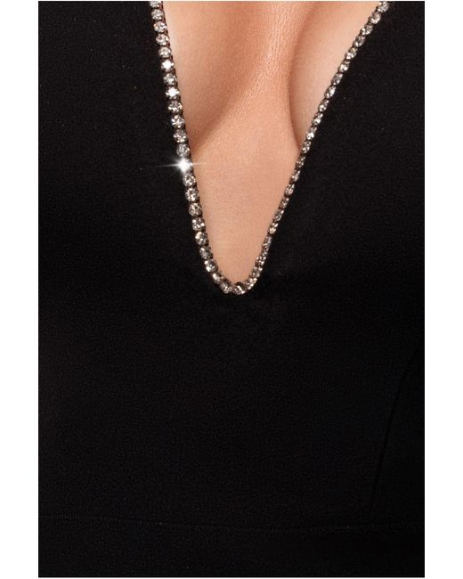 Goddiva Black Strapless Super Plunge Diamante Neck Midi Dress