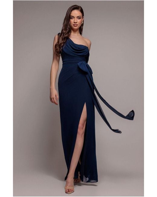 Goddiva Blue One Shoulder Cowl With Bow Detail Maxi Dress