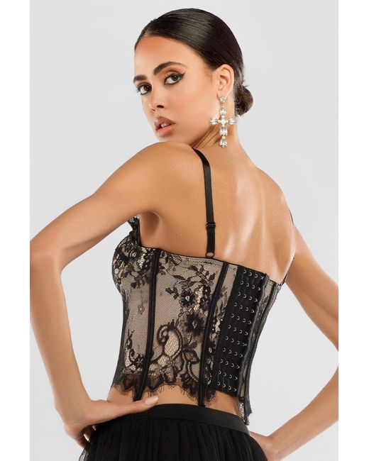 Goddiva Black Cropped Lace Corset Tulle Gathered Midaxi Skirt With Embroidered Stretch Mesh Gloves & Jersey Scarf