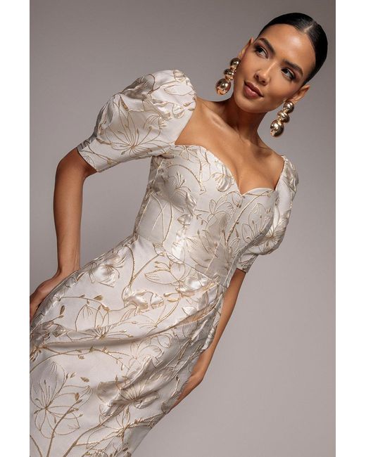 Goddiva Brown Puff Sleeve Sweetheart Midi Dress