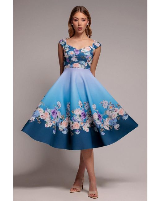 Goddiva Green Floral Printed Scuba Foam Skater Dress