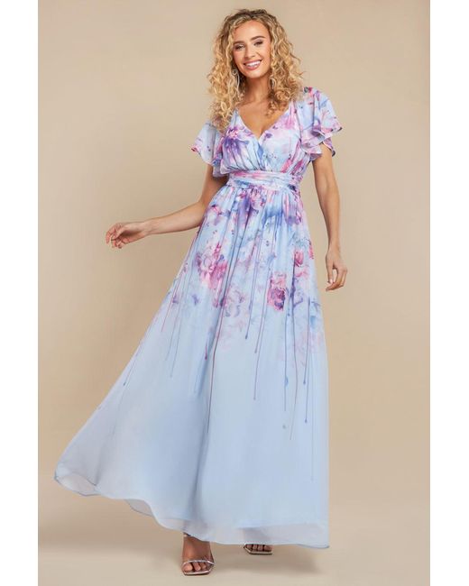 Goddiva Blue Printed Silky Chiffon Flutter Sleeve Maxi Dress