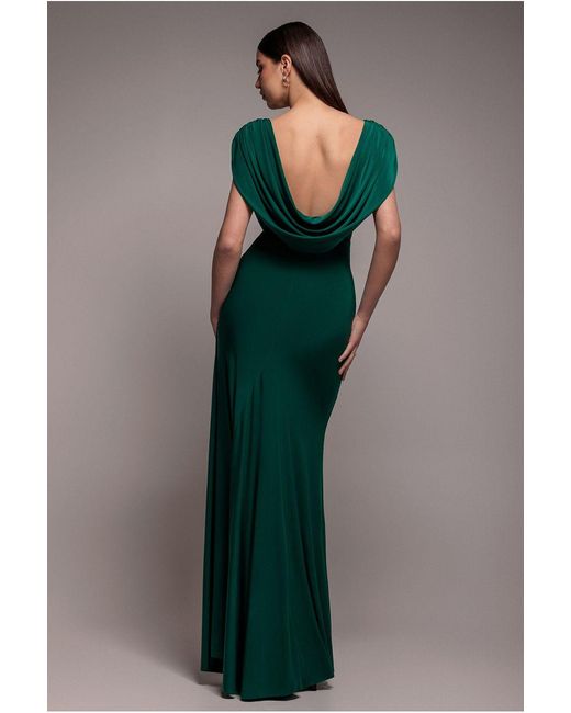 Goddiva Green Cowl Plunge Draped Mermaid Maxi Dress