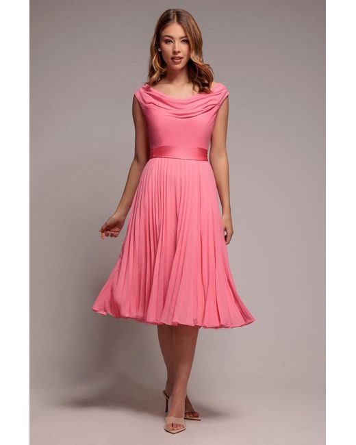 Goddiva Red Cowl Neck Pleated A-Line Chiffon Midi Dress