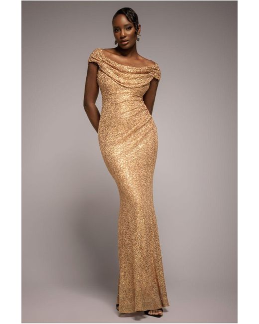 Goddiva Brown Cap Sleeve Iridescent Sequin Cowl Maxi Dress