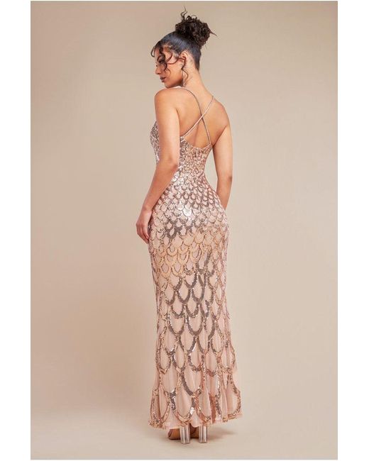 Goddiva Natural Diamante Strap Fish Scale Sequin Maxi Dress