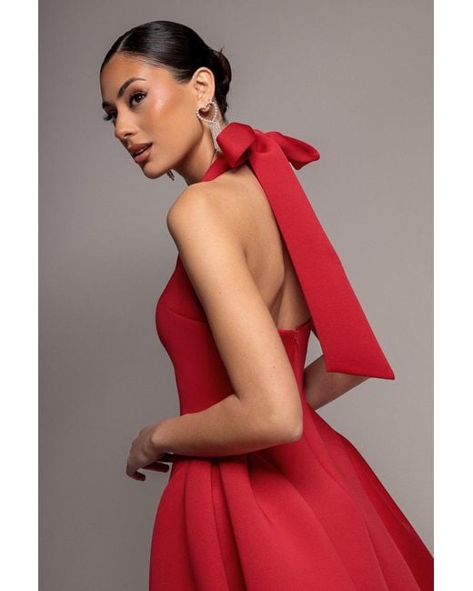 Goddiva Red Corset Fit And Flare Halter Neck Skater Mini Dress