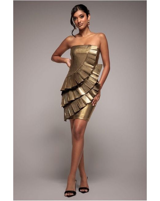 Goddiva Metallic Fan Pleated Boobtube Scuba Crepe Mini