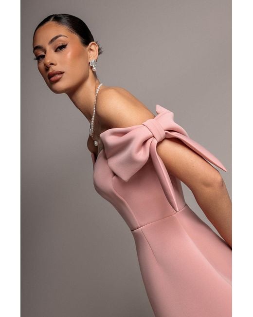 Goddiva Gray Bardot Plunge Neck Bow Sleeve Skater Mini Dress