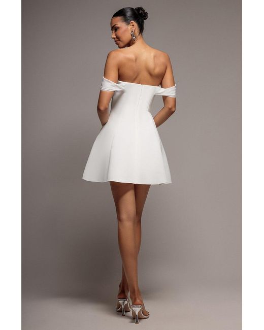 Goddiva Natural Sparkle Chiffon Cowl Bardot Skater Mini Dress