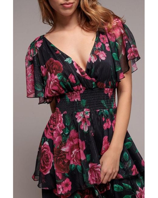Goddiva Pink Layered Floral Midi Flutter Sleeves