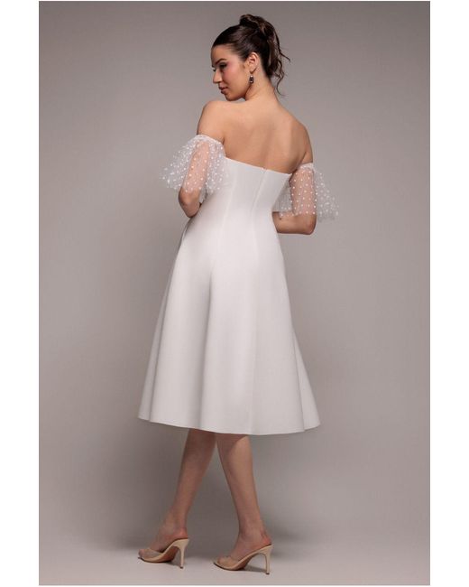 Goddiva White Scuba & Polka Mesh Off The Shoulder Midi Dress
