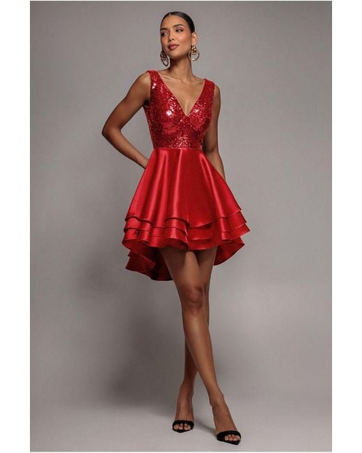 Goddiva Sequin And Satin Tiered Hi-Low Mini Skater Dress