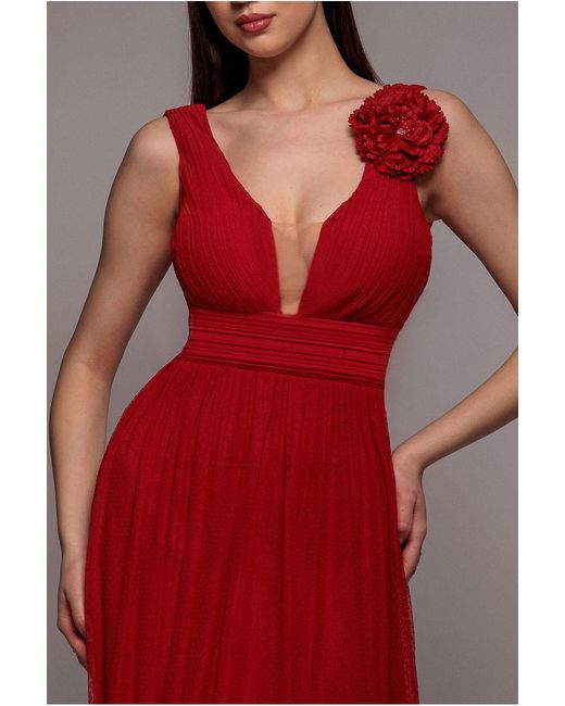 Goddiva Red Sleeveless Pleated Dobby Mesh Corsage Maxi Dress