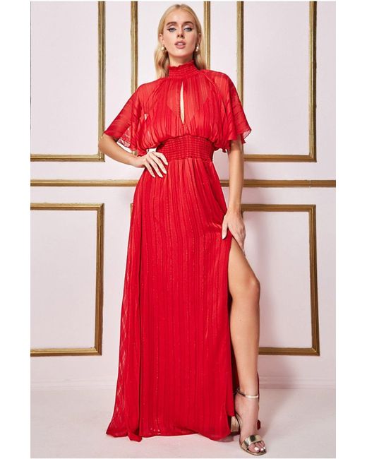Goddiva Red Keyhole High Neck Flutter Sleeve Maxi