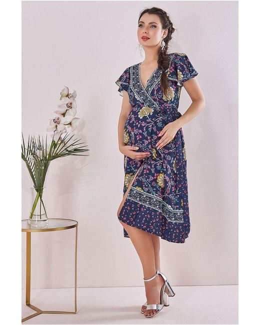 Goddiva Blue Maternity Floral Print Midi Print