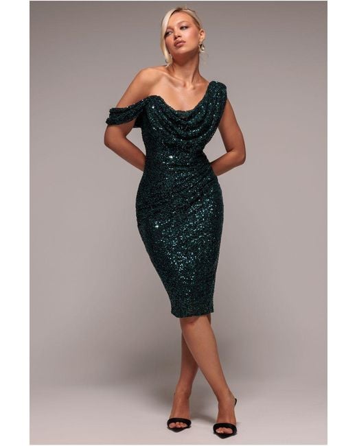 Goddiva Blue Sequin Cowl One Shoulder Midi Dress