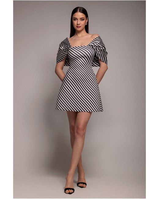 Goddiva Gray Stripe Off Shoulder Bow Back Satin Bow Mini Dress
