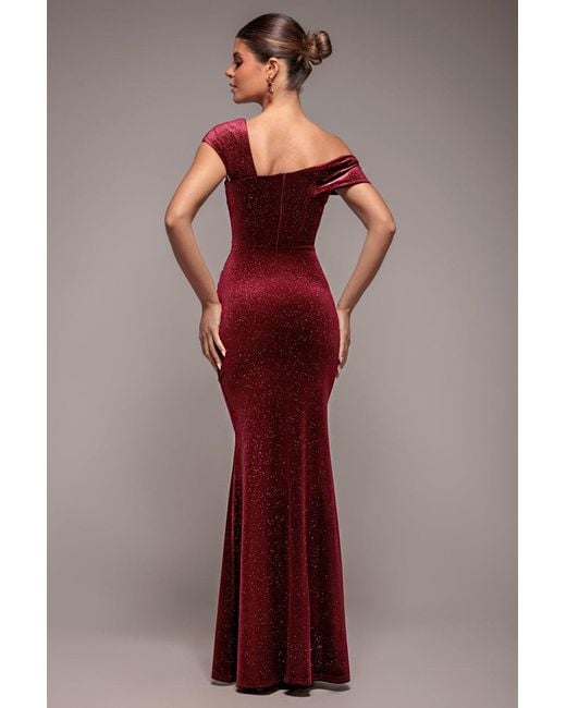 Goddiva Red Glitter Velvet One Shoulder Maxi Dress