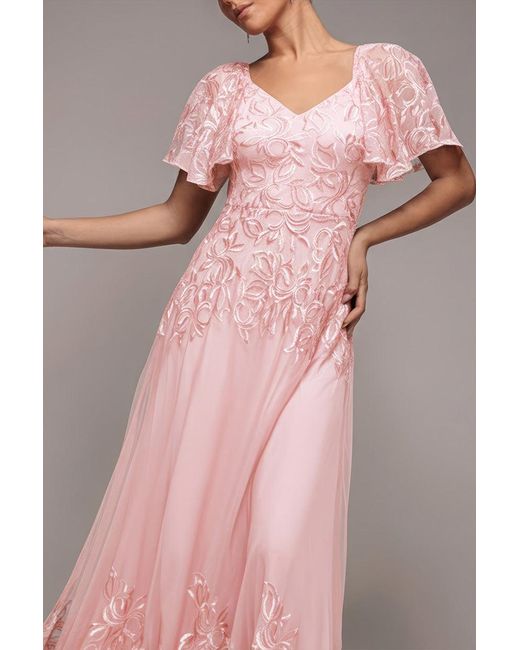 Goddiva Pink Lace Flutter Sleeve Embroidered Mesh A Line Maxi Dress