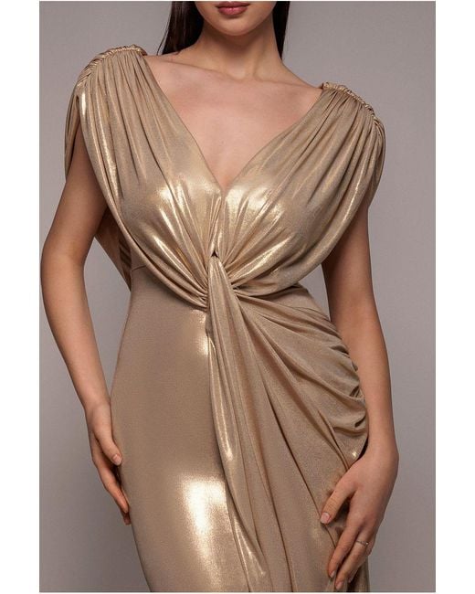 Goddiva Gray Cowl Plunge Draped Foil Maxi Dress