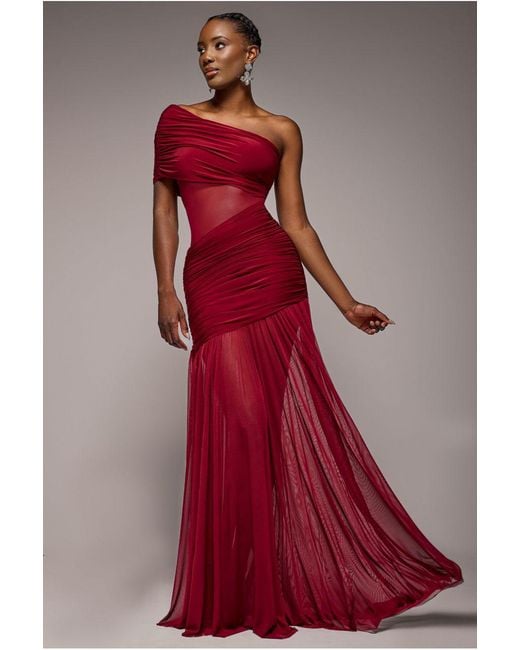 Goddiva Gathered One Shoulder Sheer Panel Maxi Dress