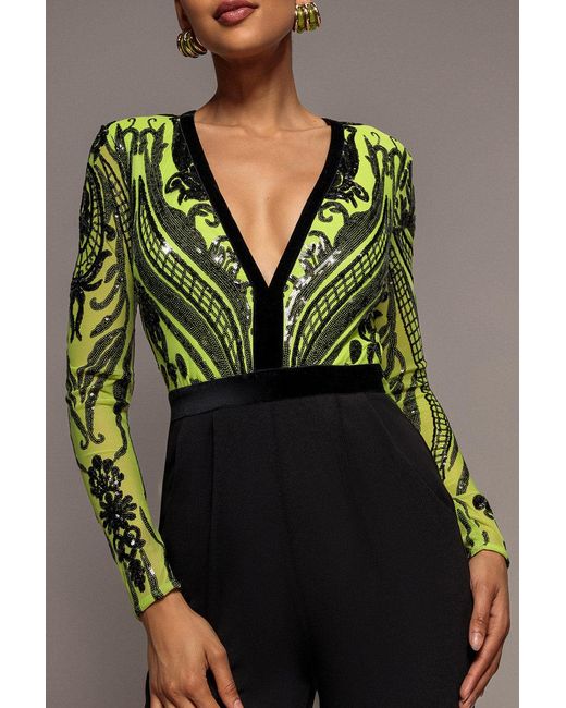Goddiva Multicolor Deep V Neck Sequin Embroidered Jumpsuit