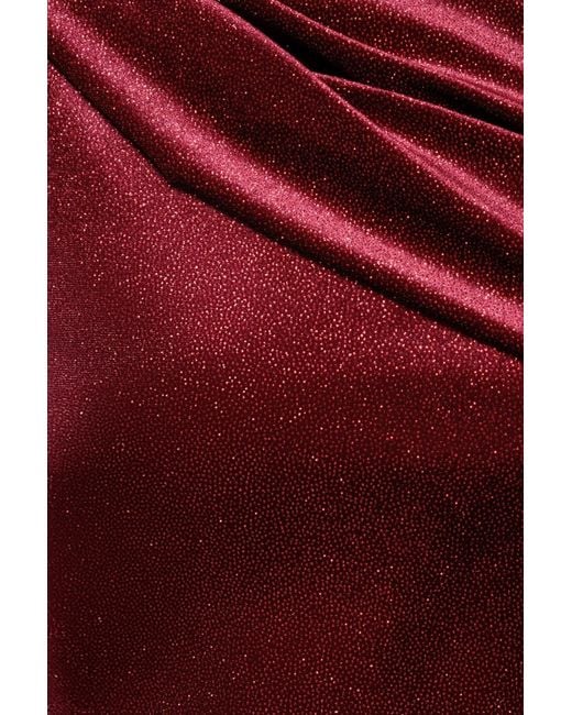 Goddiva Red Glitter Velvet Cowl Neck Pleated Waist Maxi Dress