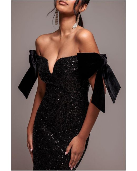 Goddiva Black Sequin Off The Shoulder Velvet Bow Midi Dress