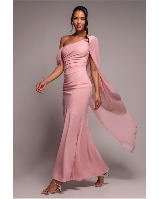 Goddiva Pink One Shoulder Cape Scuba & Chiffon Maxi Dress