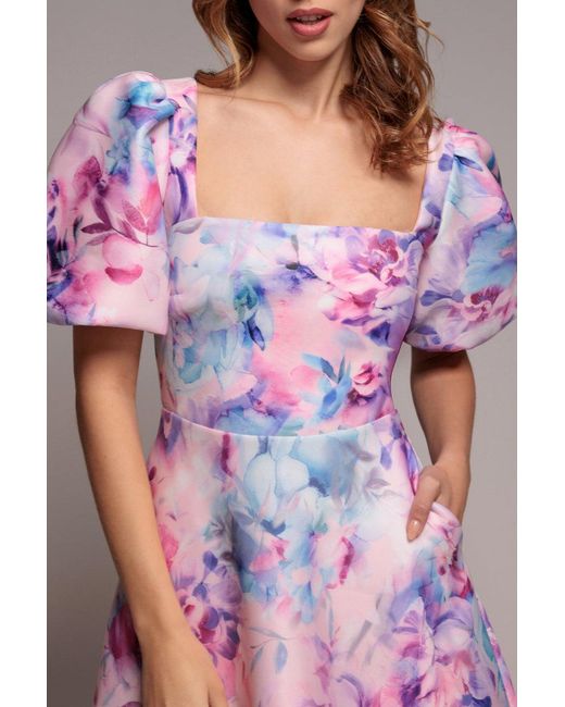 Goddiva Pink Printed Scuba Square Neck Puff Sleeve Midi Dress