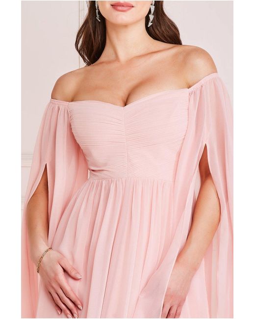 Goddiva Pink Chiffon Off The Shoulder Maxi With Cape Sleeves