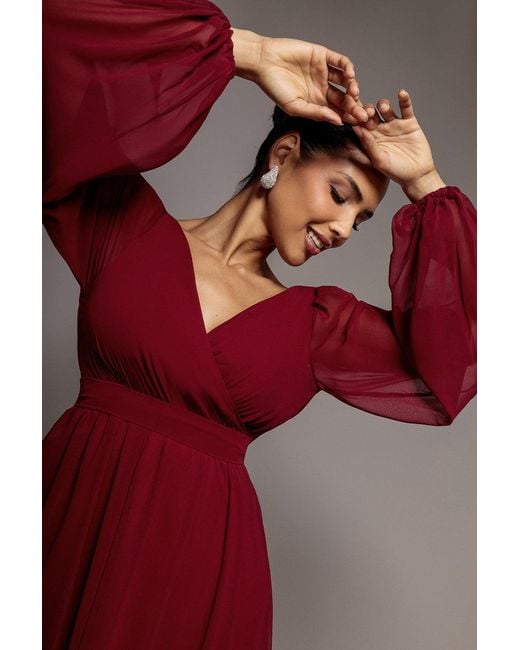 Goddiva Red Wrap Back With Front Slit Chiffon Maxi Dress