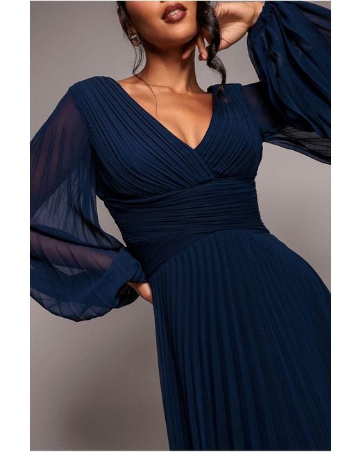 Goddiva Blue Balloon Sleeve Chiffon Maxi Dress